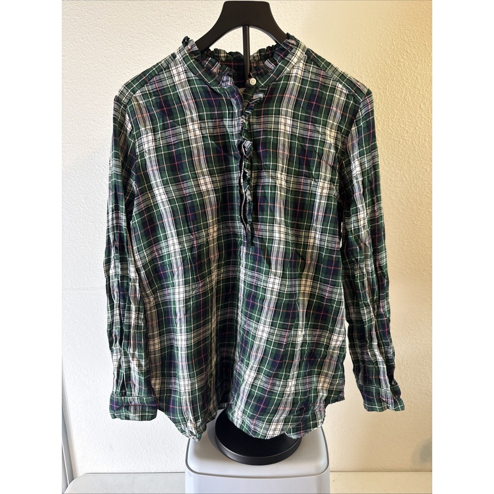 Ann Taylor LOFT Women's Green Plaid Ruffle Trim Long Sleeve Blouse Size M